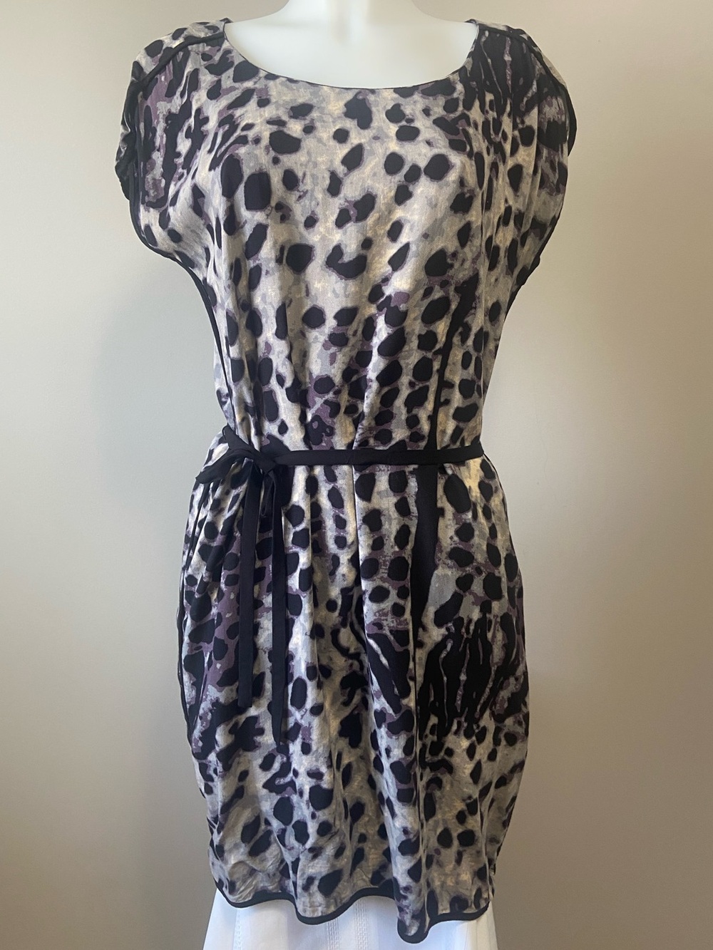 Animal Print Tie-Waist Mini Dress in Black and Cream